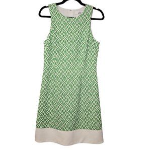 Badgley Mischka Green and White Sleeveless Patterned A-Line Dress
